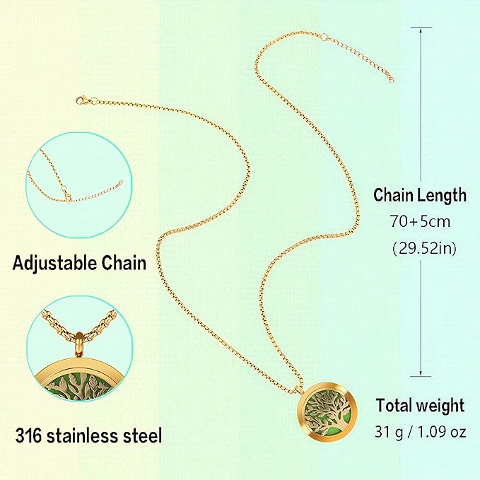 Aromatherapy Diffuser Necklace-Tree of Life Essential Oil Necklace,Aromatherapy Diffuser for Men and Women,Portable,Suitable for Yoga,Meditation,Travel,Stress Relief Gift(Gold 30mm)
