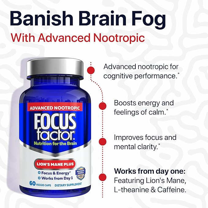 Focus Factor Lions Mane Plus, Advanced Nootropic with L-Theanine, Caffeine, Focus and Energy (60 Count)