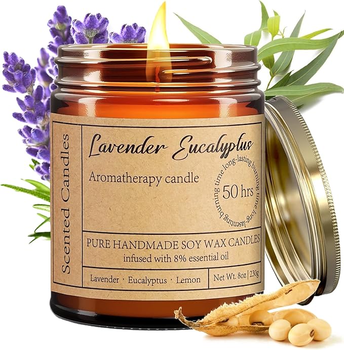 Lavender Eucalyptus Candles for Home Scented - 8oz Aromatherapy Candles for Relaxation Anxiety Stress Relief Non Toxic, Calming Candles Gifts for Women Soothing Relaxing Bath Yoga Meditation
