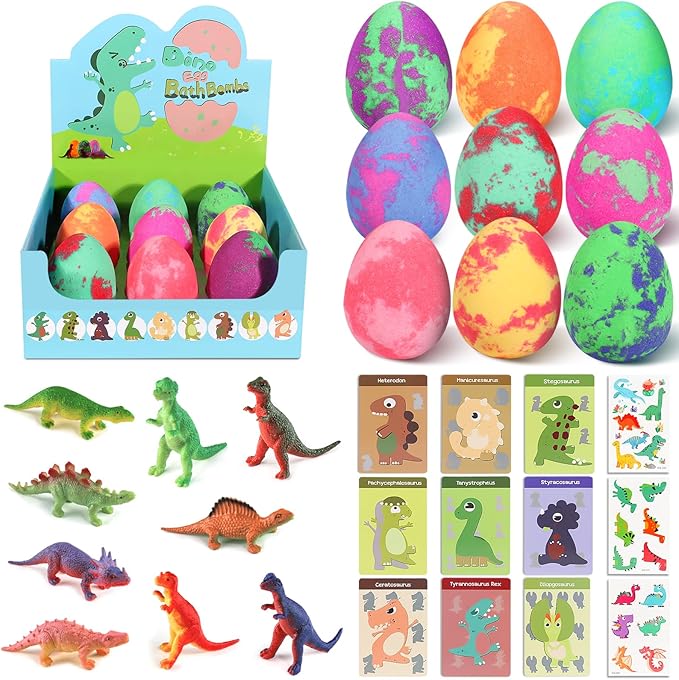 Bath Bombs for Kids with Surprise Toys Inside - 9 Pack Dinosaur Bath Bombs Gift Set, Dinosaur Toys for Kids 3 4 5 6 7 8 9 Years, Valentines Day Gifts for Kids, Birthday Gifts Bubble Bath Fizzes