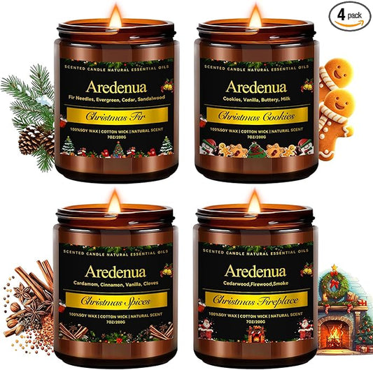 Christmas Candles Set | 4 Pack Winter Holiday Scented Candles, Soy Candles for Home Scented - Xmas Candle Gifts for Women and Men - Scents of Christmas Fir/Spices/Cookies/Fireplace