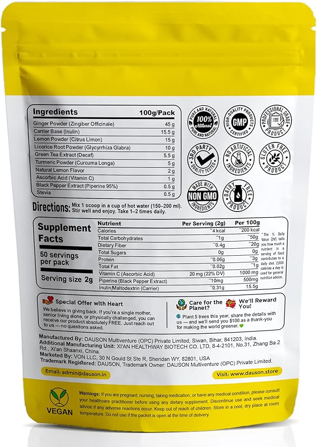 Ginger Lemon Herbal Tea Powder – Refreshing Blend with Licorice, Turmeric, Decaf Green Tea, Vitamin C – Caffeine-Free, Vegan, Gut-Friendly Detox Tea – 50 Servings