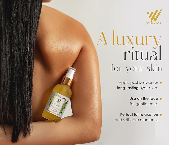 Wild Vibes Ylang Coconut + Vanilla Bean Luxury Body Oil – Organic with Coconut and Tropical Oils for Smooth, Hydrated Skin – After Shower for Women – 4 oz