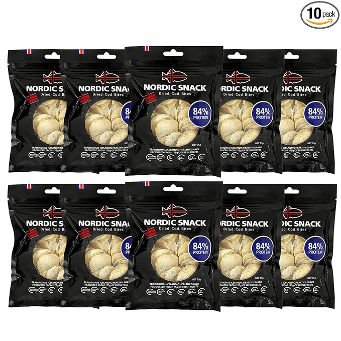 Nordic Catch Freeze Dried Cod Bites - High Protein Crisps Made From Wild-Caught Icelandic Cod Fish - Keto Protein Snacks, High Protein Chips, Healthy Snack with Omega-3s, 35g Resealable Bag - 10 Pack