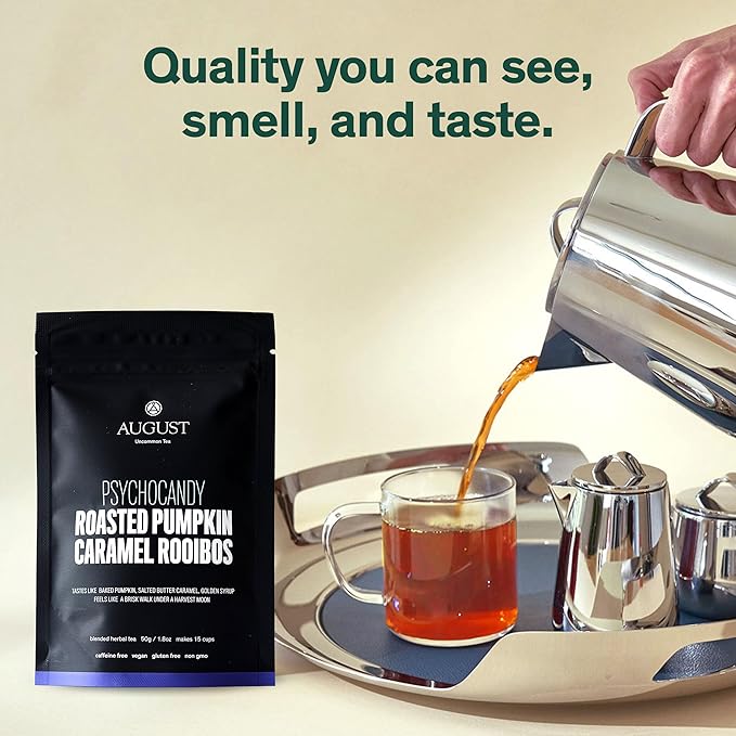 August Uncommon Psychocandy Loose Leaf Tea – Roasted Pumpkin Caramel South African Rooibos Tea – Vegan, Gluten-Free & Non-GMO – Creamy Caramel Flavor for Bedtime – Resealable 1.75oz Pouch (15-30 Cups)