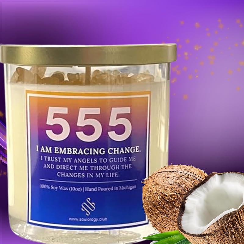 555 Angel Number Candle, 10oz, Crystal candle, 100% Soy Wax & Phthalate-Free Fragrance candles, Gifts candles for women, Angel Number Gift, Healing Candle, Spiritual Candle