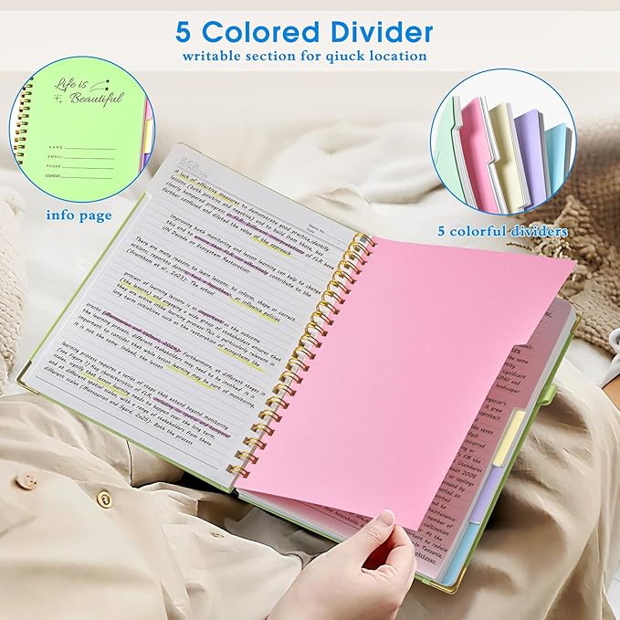 Hardcover Spiral Notebooks for Work, 5 Subject Notebook College Ruled with Dividers Tabs, Lined Organizer Notebook Journal for Women, 240 Pages Small A5 Notebooks for School Note Taking, 5x7 Black