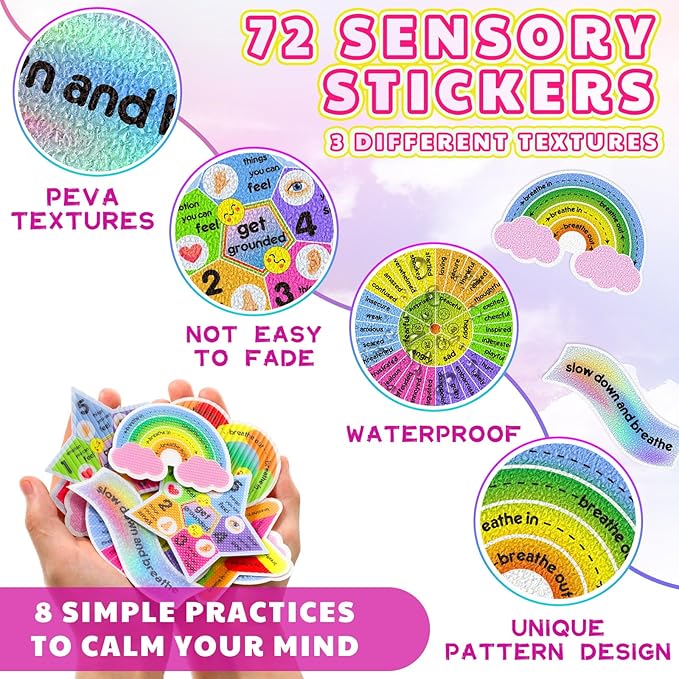 Libima 72 Pieces Anxiety Sensory Stickers Textured Stickers Fidget Mindfulness Sticker School Counselor Supplies Adult Sensory Items Anxiety Relief, 9 Styles(Cute Color)
