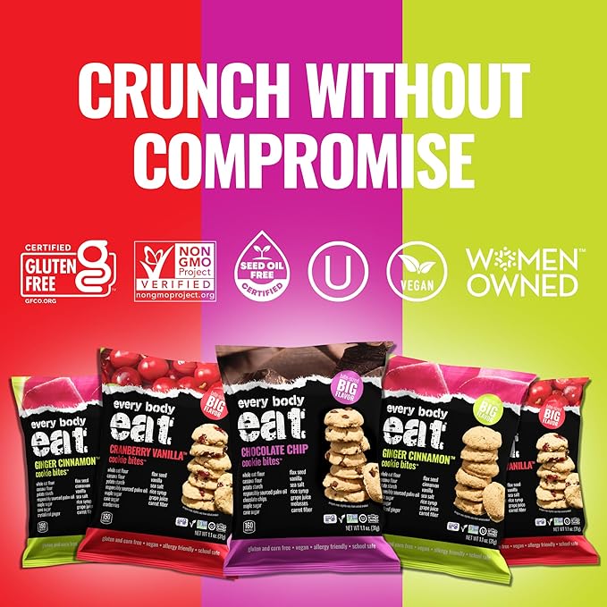 Every Body Eat Crunchy Cookie Bites, Gluten & Dairy Free, Vegan, School Safe Lunch Snacks, Single Serve (Pack of 20) (Variety Pack)