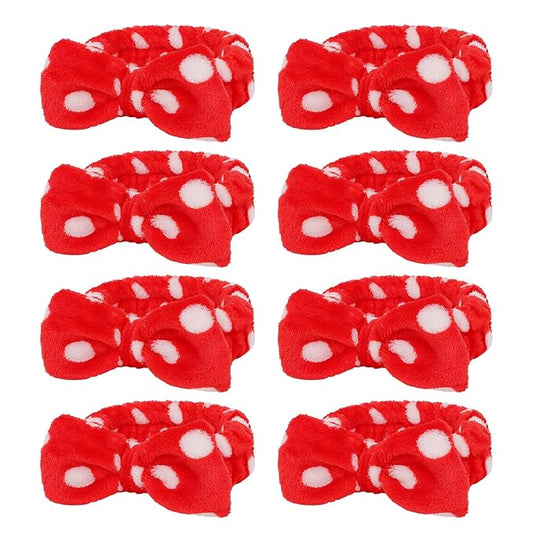 Casoty 8 Pcs Red Spa Headbands, Microfiber Headbands, Soft Coral Fleece Headbands for Makeup, Bow Hair Band for Face Washing Shower Skin Care Yoga