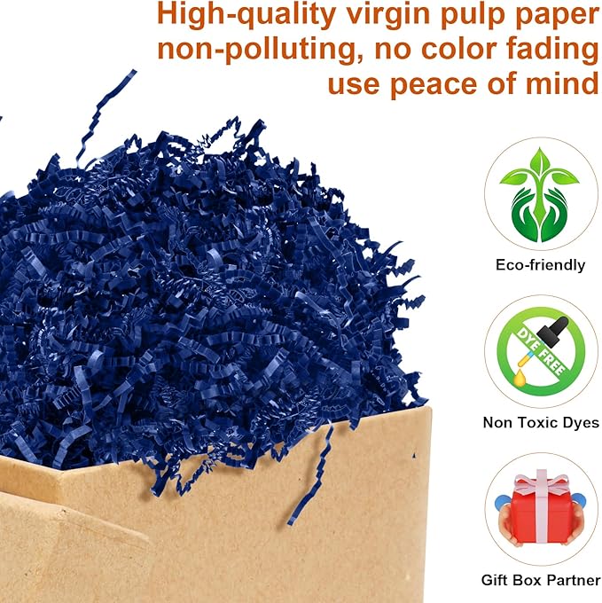 Darfukei Shredded Paper For Gift Baskets, Crinkle Paper 1/2LB (8 oz), Dark Blue Crinkle Paper Filler, Crinkle Cut Paper Shred For Birthdays, Weddings, Boxes Bags, Basket Filler, Anniversaries, Gift Wrapping