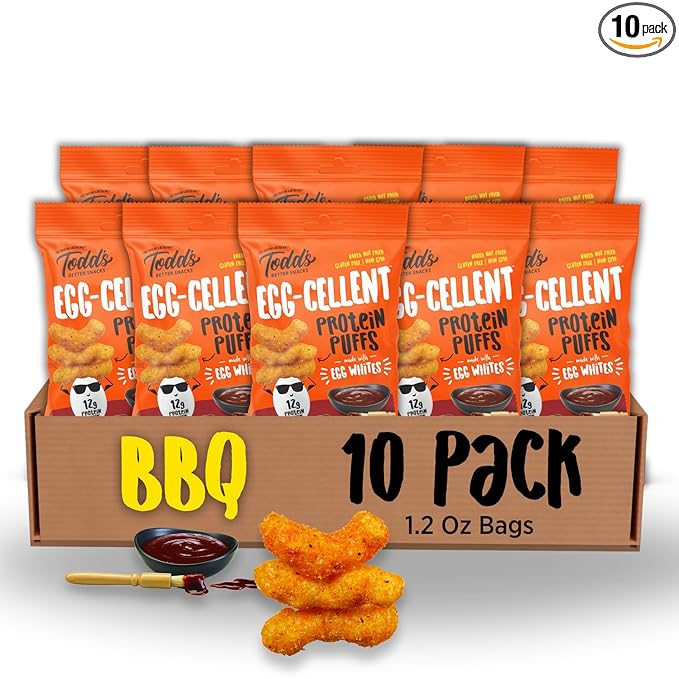 Todd's Better Snacks Egg-Cellent Protein Puffs, Sweet & Smoky BBQ – 12g Protein, Gluten-Free, Paleo-Friendly, Baked, GLP-1 Compliant – Healthy Snack, Made with Egg Whites – 1.2 Oz (Pack of 10)