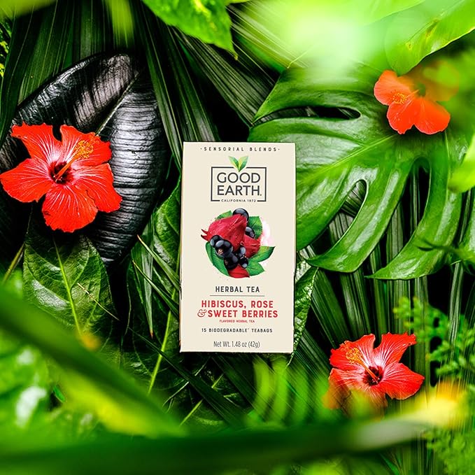 Good Earth Sensorial Blend Flavored Herbal Tea Hibiscus, Rose and Sweet Berries, No Artificial Color, No Preservatives, 15 Bag (Pack of 5)