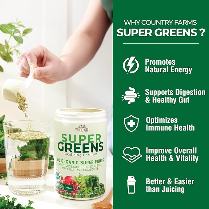 Country Farms Organic Super Greens Natural Flavor, 50 Organic Super Foods, Packed with Fiber, USDA Organic Drink Mix, Fruits, Vegetables, Mushrooms & Probiotics, Supports Energy, 6g Fiber