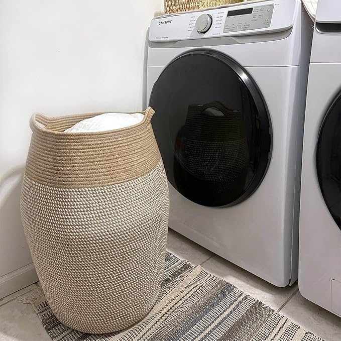 Goodpick Laundry Hamper | Woven Cotton Rope Dirty Clothes Hamper Tall kids Curve Laundry Basket Large, 25.6 x 17.71 Inch