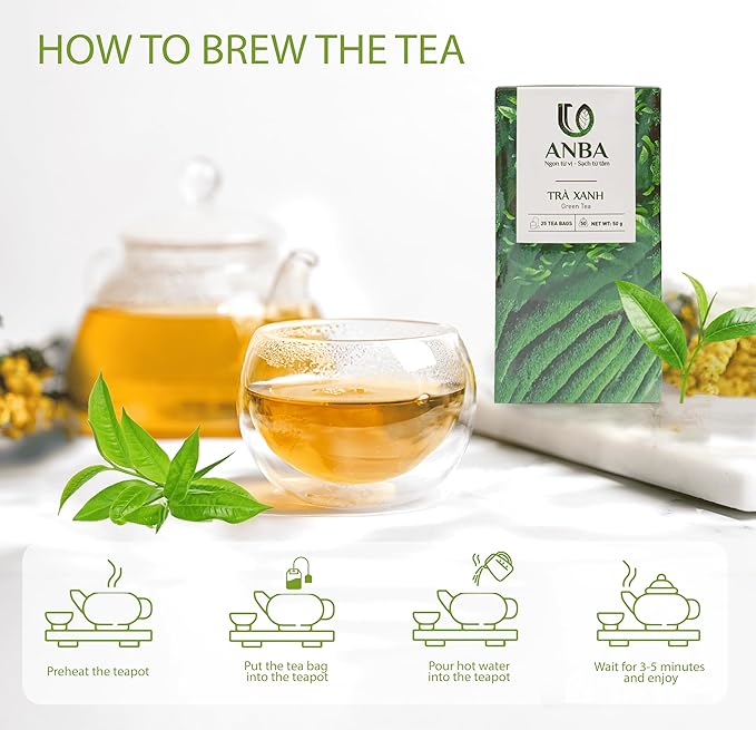 ANBA Green Tea Bags 25 Count | Easy to Brew | Naturally Fresh & Aromatic | Smooth & Refreshing Taste | Mild Natural Energy | Hight Caffeine | No Sugar Added | ISO HACCP Certified