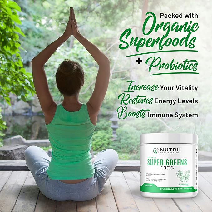 Organic Green Immunity Superfood Powder - Soothes Digestion, Boosts Healthy Vitality and Energy. Fast Acting Formula with Probiotics, Enzymes, Turmeric and Ashwagandha (30 Servings Lemon-Mint)