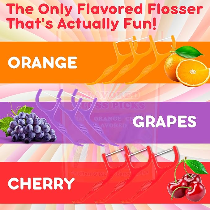Flavored Floss Picks, 300 Count, Dental Floss Picks for Teeth with Fun Fruit Flavors, Flosser Picks for Adults and Children, | Grape, Orange & Cherry Flavor