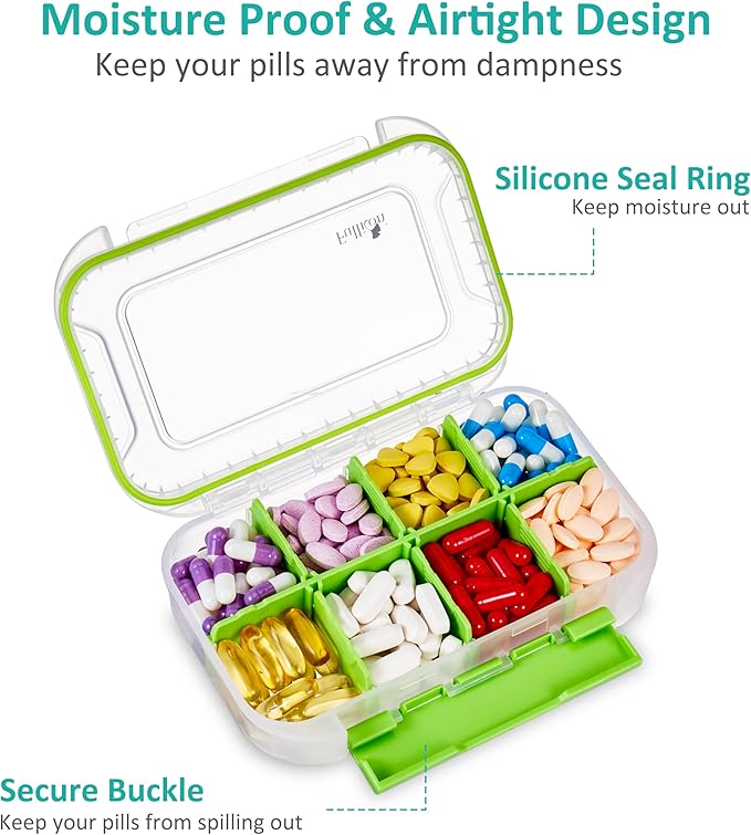 Fullicon Large Pill Organizer with 8 Compartments, Moisture Proof Travel Pill Box with Removable Divider, Daily Pill Container with Lables, Pill Case for Vitamin, Fish Oil, Supplement (Clear Green)