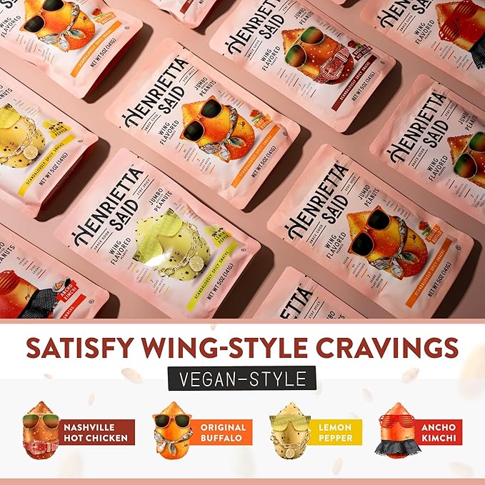 Henrietta Said Wing-Flavored Peanuts - Truly Good Foods Snacking Nuts - Bold Flavors - Savory & Spicy Jumbo Flavored Peanuts - Vegan Snack - 4 (5-oz) Packs - Nashville Hot Chicken With Pickle