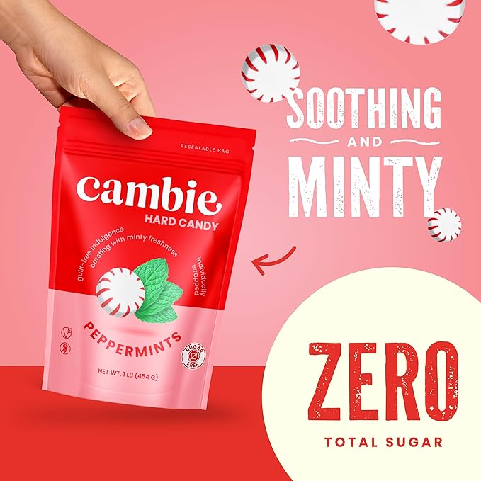 Cambie Sugar Free Mints, 1 lb of Sugar Free Hard Candy, Individually Wrapped Peppermints with a Refreshing & Sweet Mint Flavor, Packaged Fresh in a Resealable Pouch