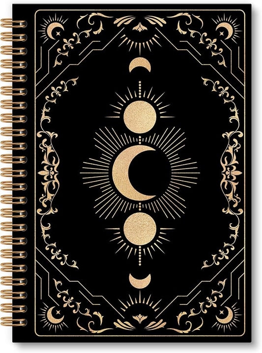 Black Witchy Moon Notebook Journal, Celestial Spiral Notebook, Moon Journal, Black and Gold MoonPhase Notebooks Gifts for Tarot Lovers Women Men, Witchy Gothic School Office Supplies, 6x8.2In