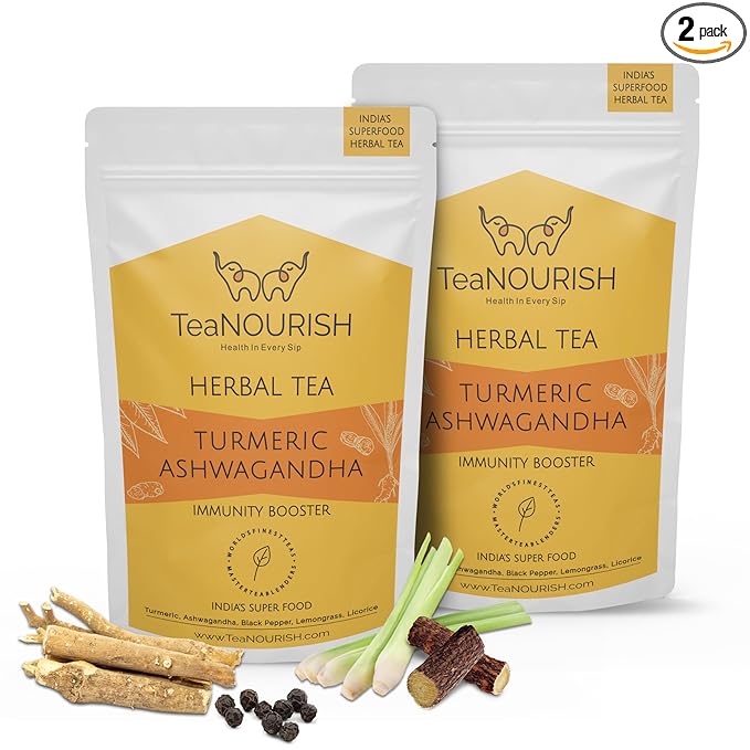 TeaNOURISH Turmeric Ashwagandha Herbal Tea | CAFFEINE-FREE | Indian Superfoods Blended with Black Pepper & Licorice | Supports Immunity - 3.53oz/100g (Pack of 2)