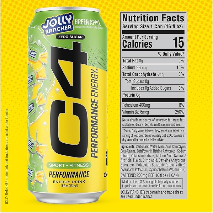 Cellucor C4 Performance Energy Drink | JOLLY RANCHER Variety Pack | Zero Sugar Carbonated Preworkout Energy | 200mg Caffeine with Beta Alanine | 16 Fl Oz (12 Pack)