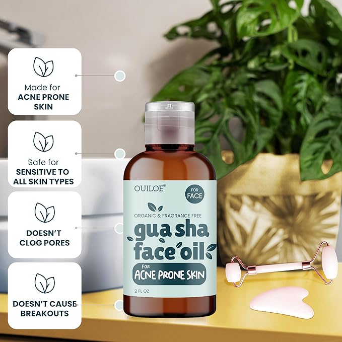 Gua Sha Oil for Acne Prone Skin - Face Oil Gua Sha Massage - Lymphatic Anti Aging Facial Massage Oil - Unscented, Non Comedogenic, Lightweight, Use with Gua Sha Facial Tools, 2 oz