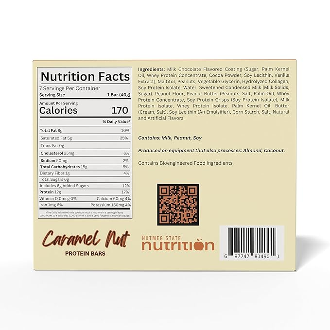 Nutmeg State Nutrition HealthyWise - High Protein Bars, Gluten Free, Low Calorie, Ideal Protein Compatible, 7 Servings Per Box (Caramel-Nut)