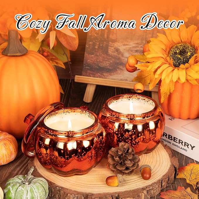 Lanpn Fall Scented Candle Gift Set 2 Pack, 22oz Pumpkin Glass Jar Candles Soy Wax, Thanksgiving Aromatherapy Candle, Autumn Fragrance Table Decor, Orange Votive Candles Holder Tabletop Centerpiece