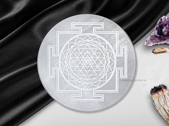 Amazing Gemstone Selenite Crystal Charging Plate For Crystals And Healing Stones, 3" Selenite Crystal Plate Engraved Sri Yantra Coaster For Home, Office Table Decor (Selenite Round Disc)