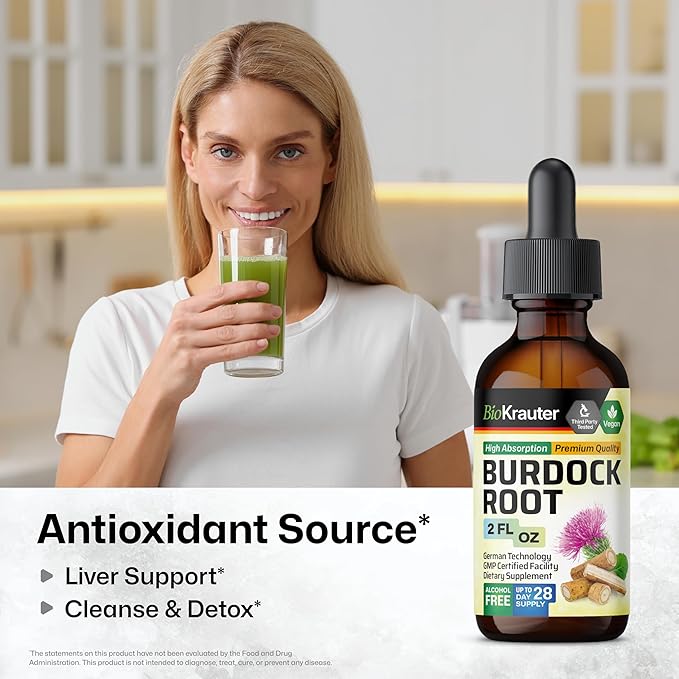 BIO KRAUTER Burdock Root Tincture - Antioxidant Support Liquid Supplement - Burdock Root Extract - Alcohol and Sugar Free - Vegan Drops 2 Fl.Oz.