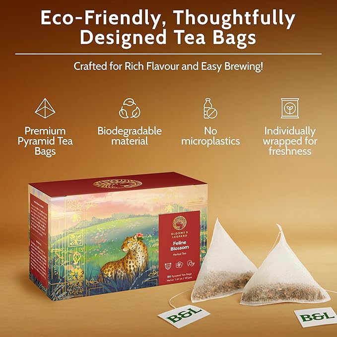 Blooms & Leopard Premium Herbal Tea Bags – Feline Blossom Blend with Hibiscus, Licorice, Fennel, Tulsi & Shatavari – Caffeine-Free Tea – 20 Pyramid Tea Bags, Caffeine-Free for Hot or Iced Tea
