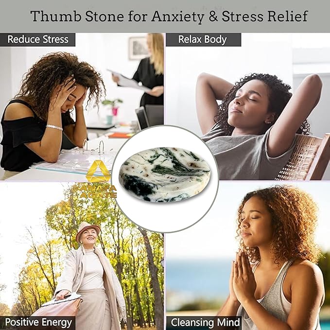 Tree Agate Worry Stones – Crystal Thumb Worry Stone for Anguish, Stress – Relaxing & Soothing Balance Stones for Meditation, Relief – Healing Stones & Crystals for Men, Women - Tree Agate