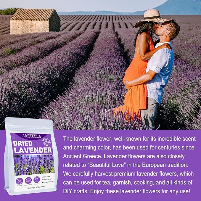 Jarteela - Dried Lavender Flowers - 3.53oz/100g - Premium Natural Food-grade Edible Flowers - Culinary Lavender Buds - Non-GMO - Perfect for Tea, Baking, Lemonade, DIY, Sachets
