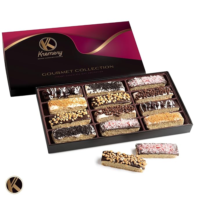 KREMERY Creamy Chocolate Cravings - Diwali Sweets Hamper Chocolate Covered Biscotti Cookies Gift Basket, in Elegant Gift Box (12 Biscotties, Assorted Sweet Toppings)