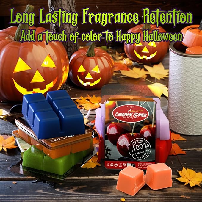 Halloween Scented Wax Melts, Scented Soy Wax Cubes Set for Caramel Apples, Pumpkin Pie, Candy Corn, Halloween Cookies, Chocolate Bars, Popcorn Balls, Caramel Corn, Halloween Gummy Candies