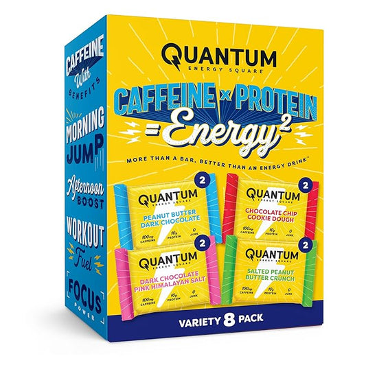 Quantum Energy Square: Energy Bar with Caffeine & 10g Protein. Delicious Healthy Snack On The Go. (Vegan, Gluten-free, Soy-free, Dairy-free) (Variety 8-Pack)