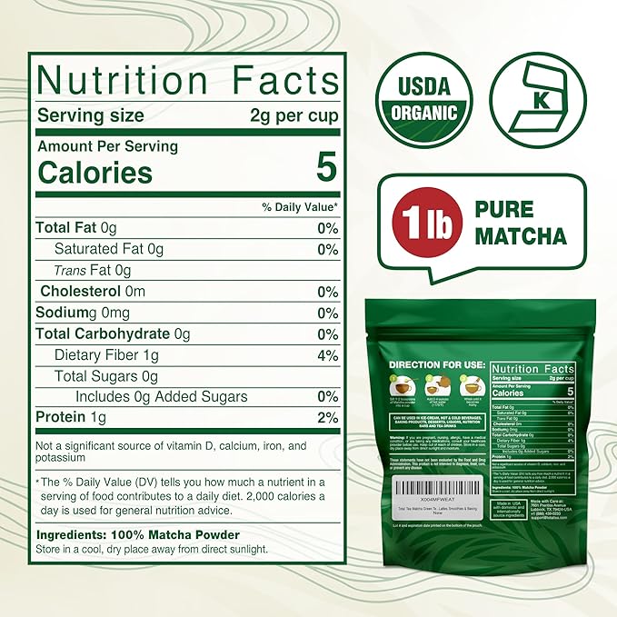 Organic Matcha Green Tea Powder (1lb) – Certified USDA Organic Powder for Matcha Latte, Tea, and Smoothies – Kosher, Non-Gmo, Antioxidant Rich Tea Gifts by Total Tea