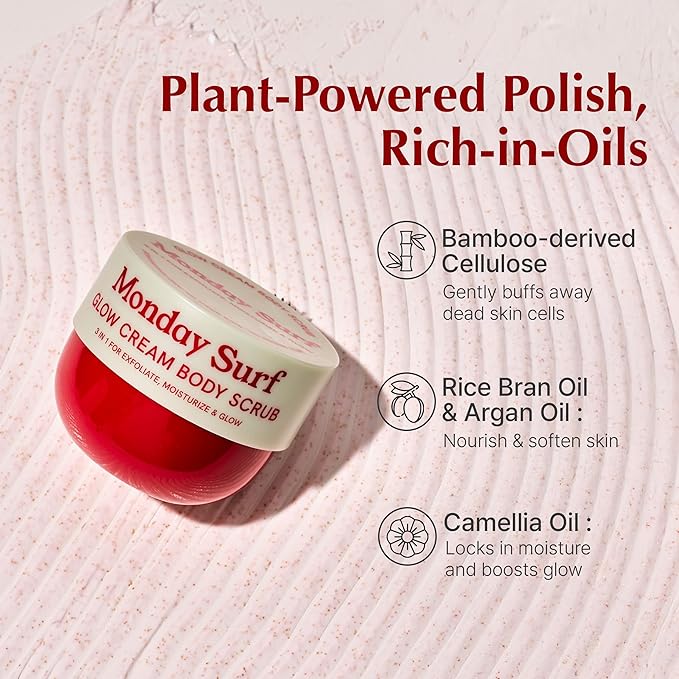 Glow Cream Body Scrub – Hydrating & Nourishing Cream with Argan Oil, Rice Bran Oil, Camellia Oil & Glycolic Acid – Vegan, Microplastic-Free, Vanilla Floral Scent – 9.5 oz