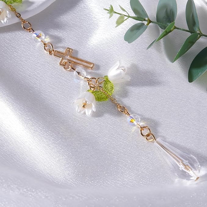Cross Crystal Car Rearview Mirror Charm - Lily of The Valley Flower Beaded Pendant, Elegant Hanging Cars Interior Decor Ornament & Accessories, for Women Mom