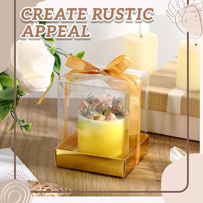 Cunno 36 Set 3. 5 x 3. 5 x 4. 3 in Transparent Candle Gift Box Packaging Box 4-18 oz Handmade Tealight Candle Holders Bulk Paper Bottom Cover with Ribbon for Wedding Baby Shower Party(Gold)