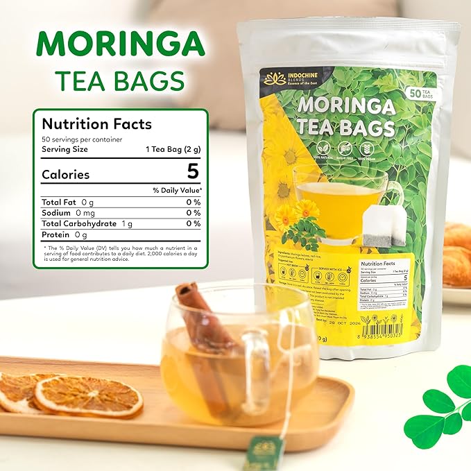 Indochine Blends Moringa Tea Bags | Moringa Leaf, Red Rice, Chrysanthemum & Stevia | Sugar-Free, Caffeine-Free Herbal Tea | Double Chamber, Individually Wrapped Bag | 3.5 oz | 50 Tea Bags