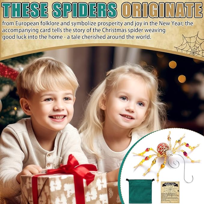 Cunno 6 Sets Legend of The Christmas Spider Gifts Christmas Spider Miracle Ornament with Card and Bag The Tradition of Tinsel Legend Spiders Hanging Handmade Decor for Xmas Tree Xmas