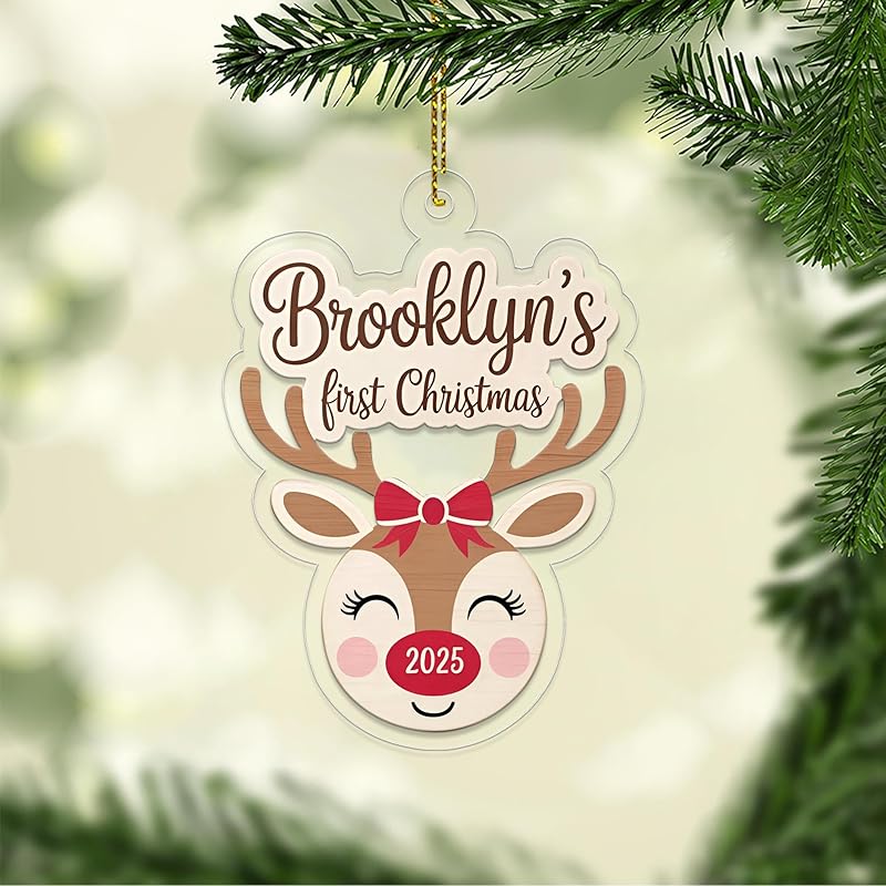 Personalized Reindeer Baby’s First Christmas Ornament, New Baby Christmas Gift for Baby Shower, Family Keepsake, Baby’s 1st Xmas Decoration Acrylic Ornament – Personalized
