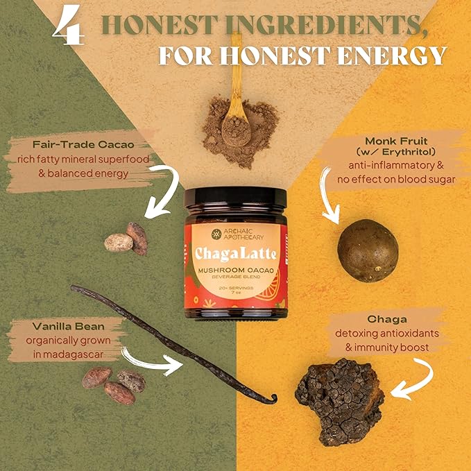 ChagaLatte - Cacao & Mushroom Beverage Blend | Iced Superfood Chaga Supplement & Hot Cocoa | Energy Boost w/Adaptogens | Sugar Free Monkfruit Mushroom Coffee Alternative & Drink Mix