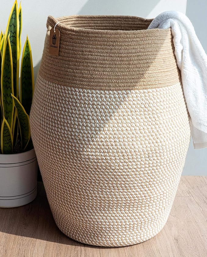 Goodpick Laundry Hamper | Woven Cotton Rope Dirty Clothes Hamper Tall kids Curve Laundry Basket Large, 25.6 x 17.71 Inch