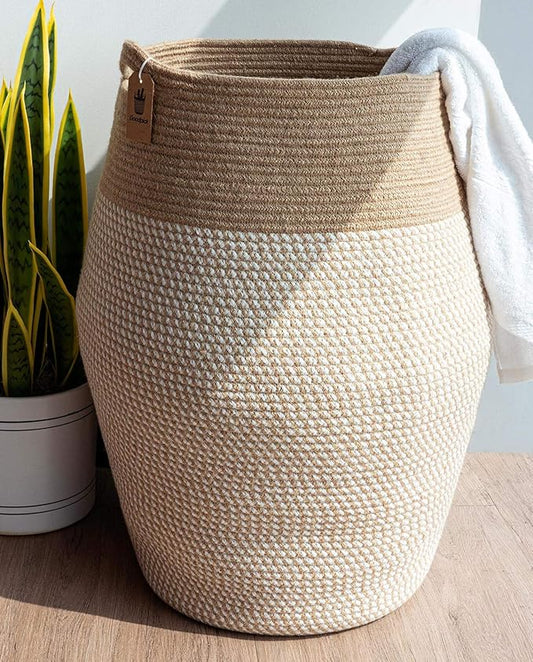 Goodpick Laundry Hamper | Woven Cotton Rope Dirty Clothes Hamper Tall kids Curve Laundry Basket Large, 25.6 x 17.71 Inch