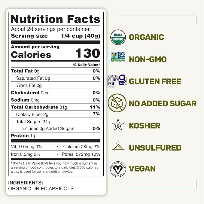 Happy Village Organic Turkish Dried Apricots, No Sugar Added Dried Fruit, 40 OZ Resealable Pack - Kosher, Non-GMO, Unsweetened, Unsulfured, Vegan Sun-Dried Apricot